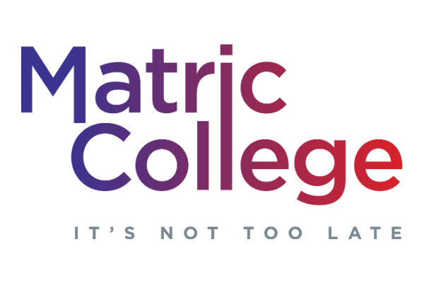 Matric College logo with the slogan 'It's Not Too Late' in gradient shades of purple to red.