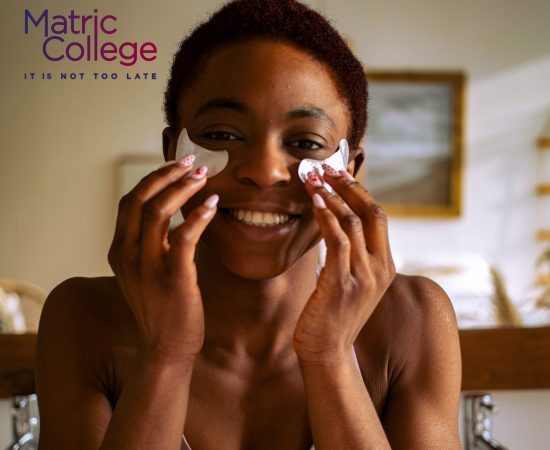 Woman relaxing with eye facial masks, showing self-care skills taught in the Facial Skincare Certificate Course.